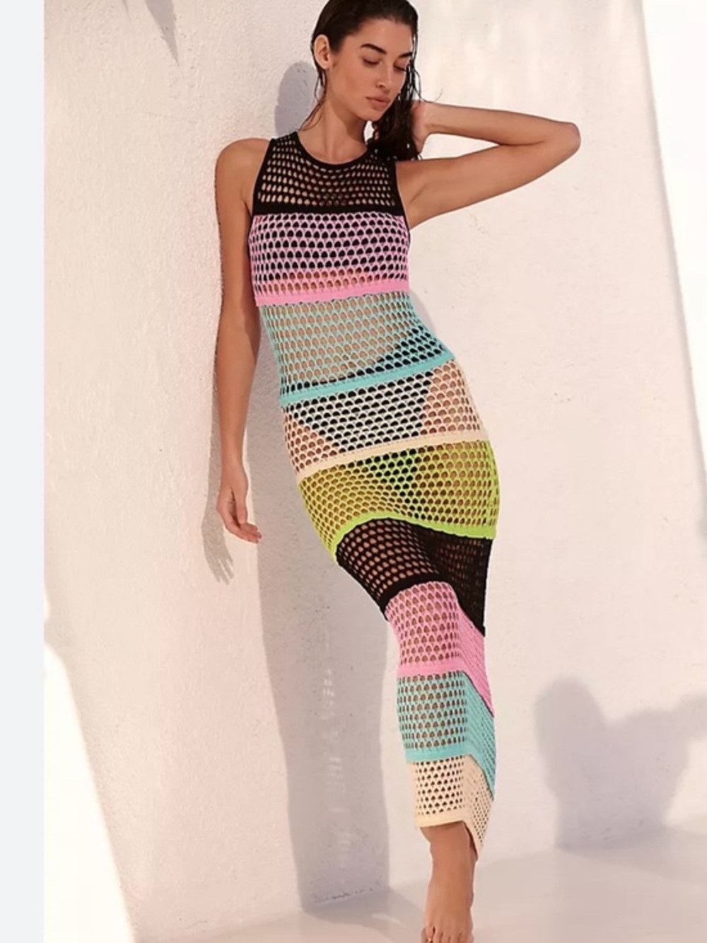 PQ Swim Crochet Cover Up Dress Multicolor Striped Midi NWT XS/S